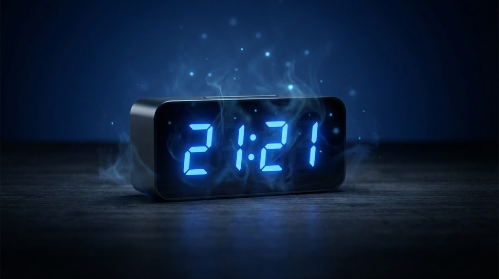 Horloge affichant 21h21, symbole de réussite et de synchronicité spirituelle