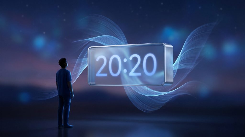Illustration of the angelic message behind the mirror hour 20h20, symbolizing letting go and living in the present.