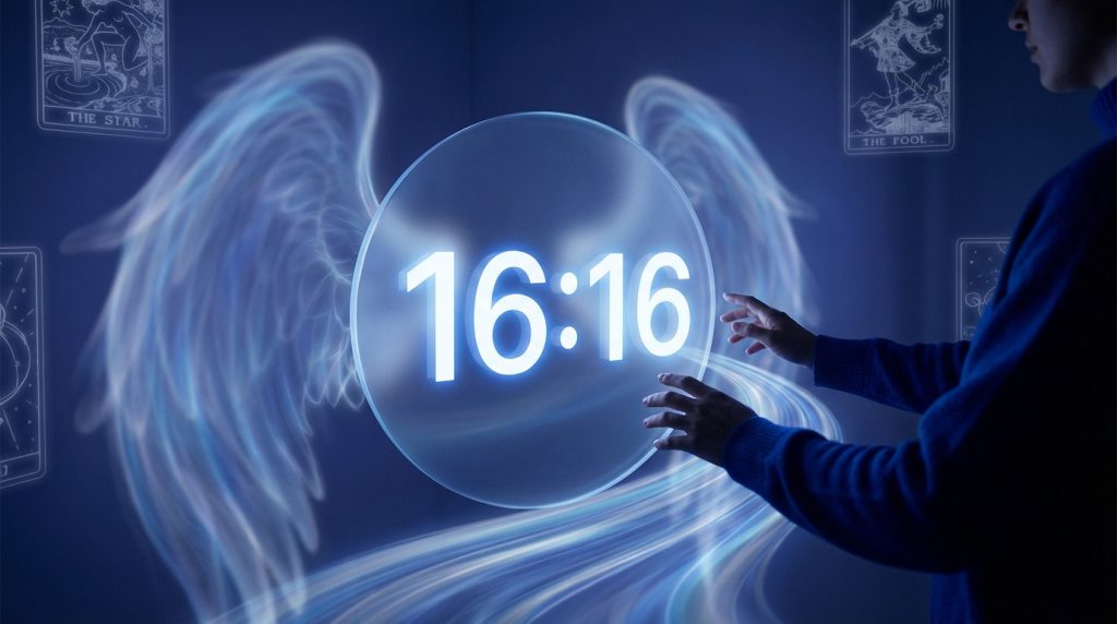Heure miroir 16h16 symbolisant un grand changement spirituel et créatif, avec des chiffres distincts et un fond apaisant.