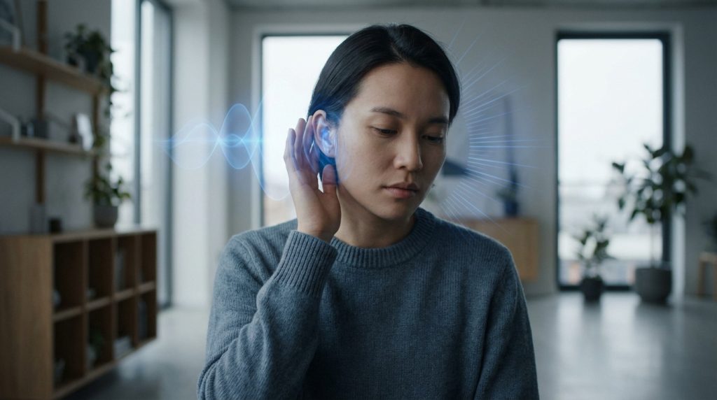 Oreille gauche avec sifflement, représentant les causes et solutions des acouphènes