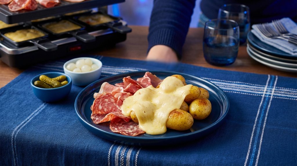 Raclette cheese, potatoes, and charcuterie arranged for a festive meal