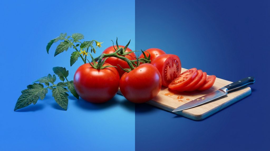 Tomates fraîches sur une planche à découper, illustrant leur nature de fruit et légume en cuisine