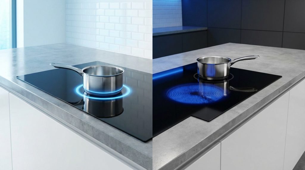 Comparaison entre plaque à induction et vitrocéramique dans une cuisine moderne