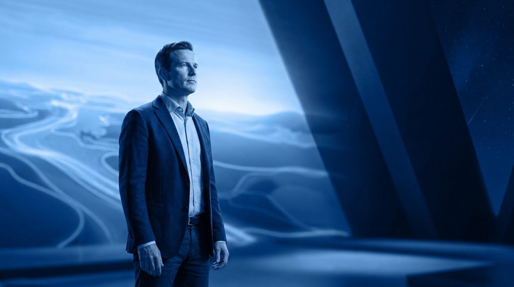 Josh Brolin in a dramatic pose representing his iconic roles from Goonies to Thanos