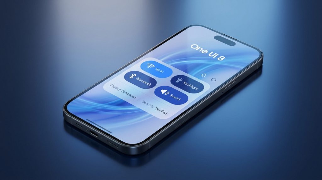 One UI 8 interface showcasing redesigned icons and enhanced control center for Samsung devices