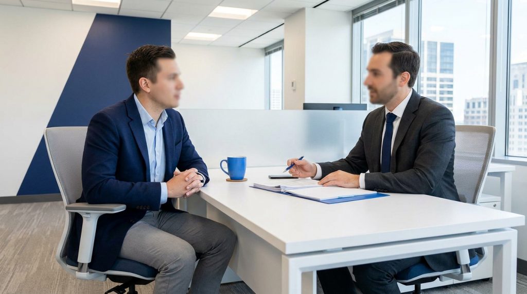 Notaire en discussion avec un client, respectant le protocole d'échange