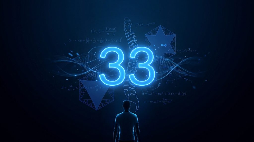 Le nombre 33 illustré avec des cubes et des vertèbres, symbolisant son importance en mathématiques et en biologie.