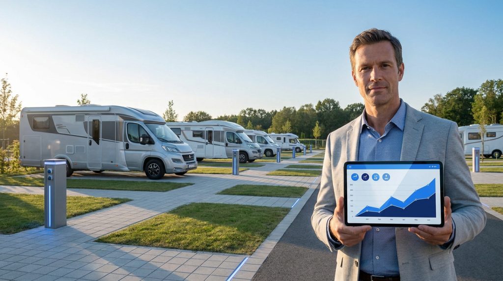 Aire de camping-car moderne avec connexion 5G pour nomades numériques en 2026