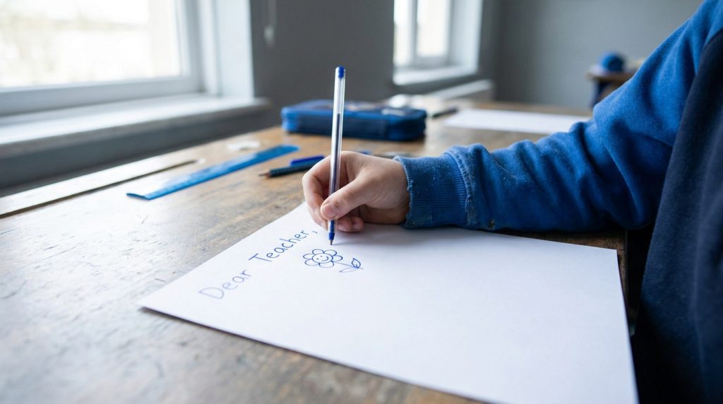 Lettre manuscrite pour maîtresse avec crayons et fleurs, symbole de gratitude éducative