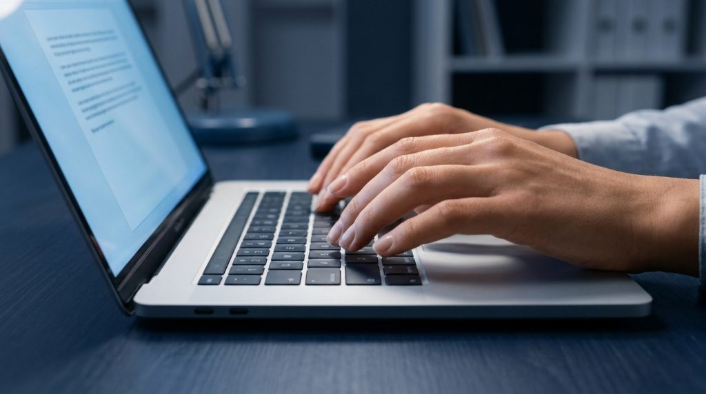 Personne écrivant un e-mail professionnel avec l'expression 'avec toute ma considération'