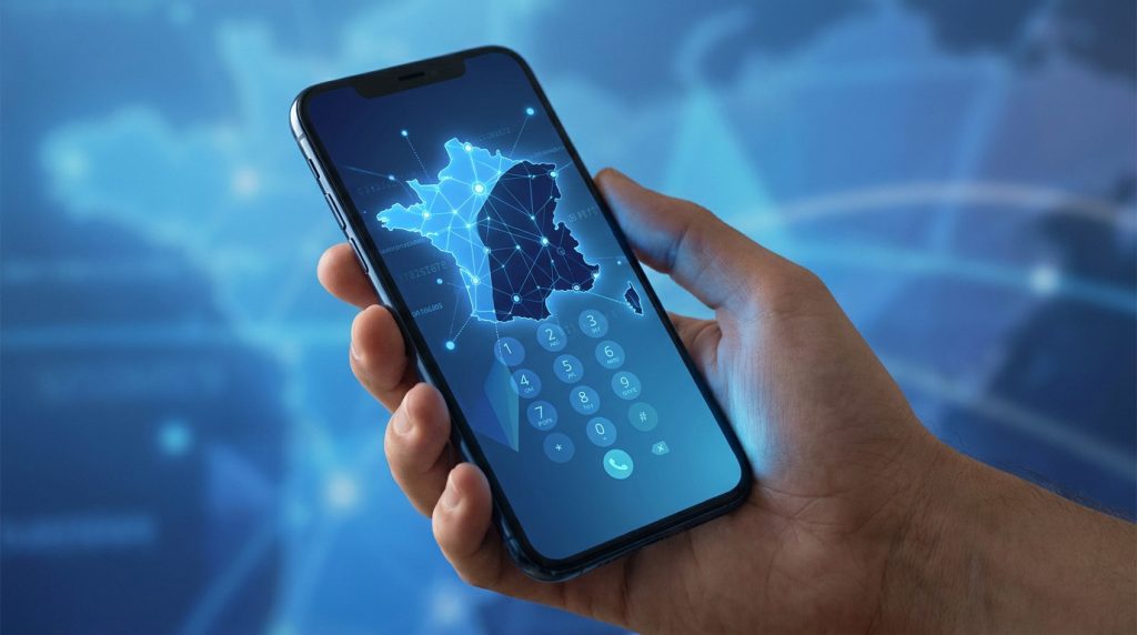 Carte de France montrant les zones de numérotation téléphonique 01 à 05 et mobiles 06/07
