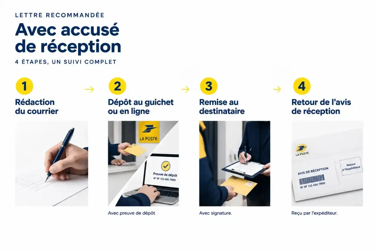 Schéma du parcours d'un modèle de lettre recommandée : rédaction, dépôt, remise et retour de l'avis de réception