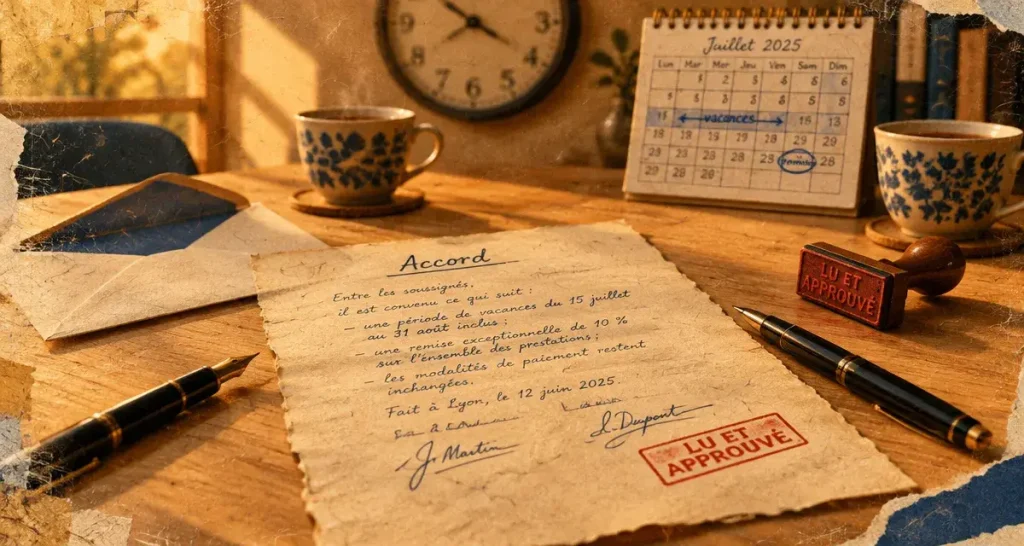 Modèle lettre garde amiable sans jugement : accord signé sur table, vue en contrechamp