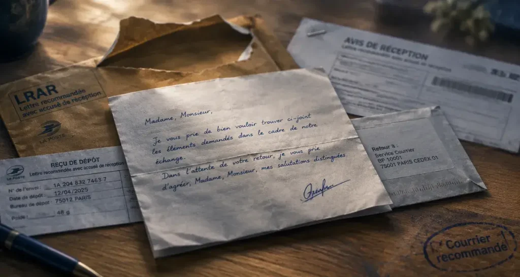 Modèle lettre recommandée LRAR : lettre sur table, reçu de dépôt